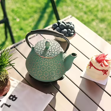 Cast Iron Teapot, 950ml Japanese Cherry Blossom Pattern Teakettle, Stovetop Safe, Infuser for Loose Tea & Coffee, Silicone Handle, Enamelled Interior, 32oz Blue (Light Green)