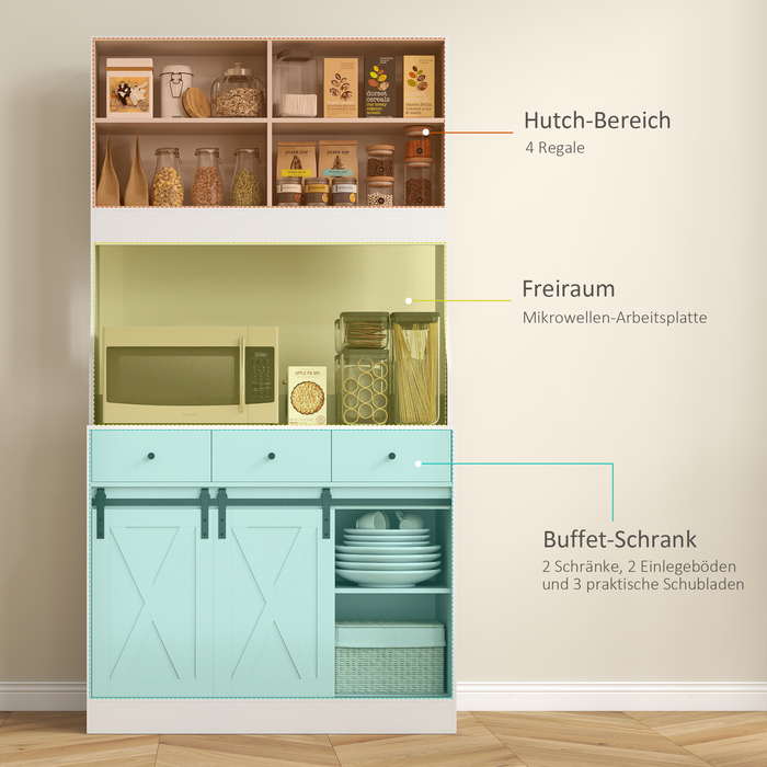 HOMCOM Kitchen Cabinet, Tall Cabinet with Worktop, Buffet Cabinet with Sliding Doors, 3 Drawers, Adjustable Shelves, Storage Cabinet for Kitchen Dining Room 93.5x40x180 cm White | Aosom
