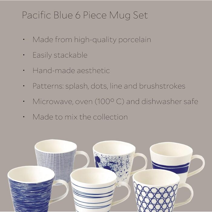 Royal Doulton Pacific 9 cm Porcelain Pacific Cups, 6 Pieces, Blue, 13.72 cm, 6