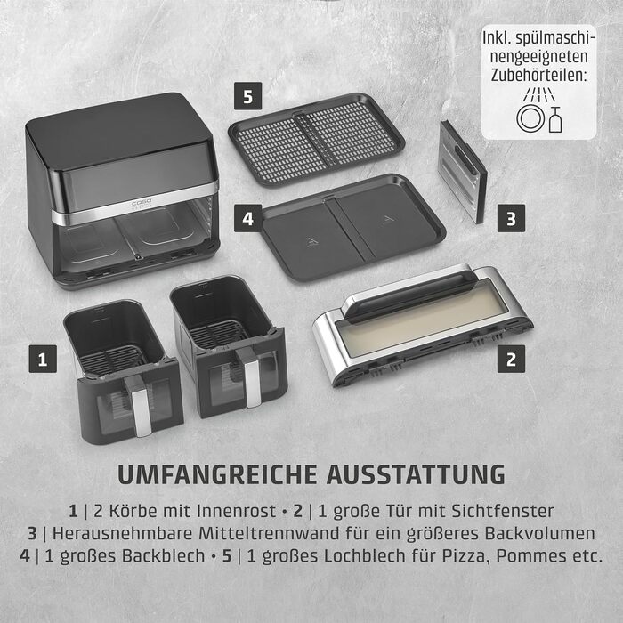 Фритюрниця без олії CASO AirFry 6.0, 14 л, 8 програм, LED-дисплей, тиха (38 дБ), нержавіюча сталь, чорна