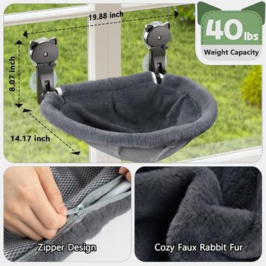 Window perch for cats, foldable & stable cat beds - breathable cat window hammock for monitoring, sunbathing, and climbing - holds up to 18kg max (faux fur rabbit, gray)