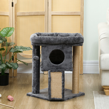 PawHut Cat Tree with Jute Scratching Mat, Lounging Platform, Play Ball, Cat House, Beige, 40 x 40 x 57 cm