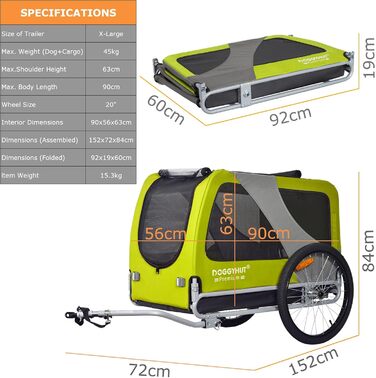 DOGGYHUT® Преміум XL Причіп для собак до 45 кг - велосипедний причіп для собак, великих собак (зелений) 80103