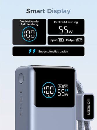 Power Bank UGREEN 10000mAh 55W з кабелем, PD 45W, Mi Turbo Charge для Xiaomi, сумісний з iPhone 15/16/17, блакитний