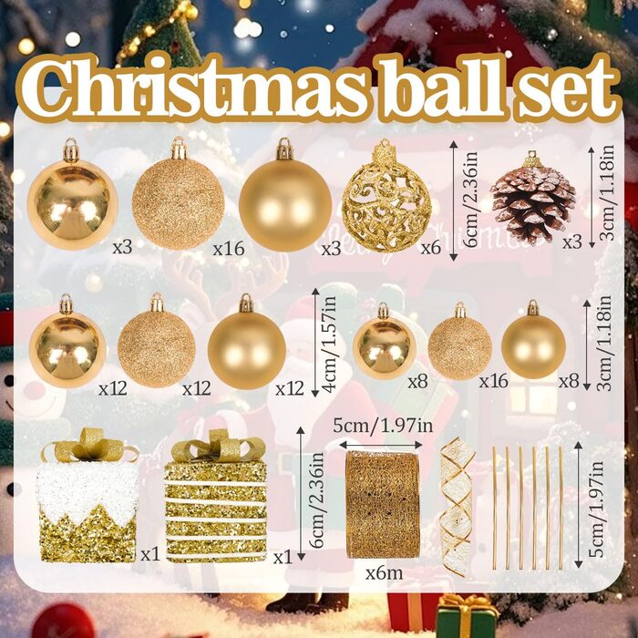 Набір прикрас для ялинки 101 шт. Кульоні з пластику, рожеве золото, матові, блискучі, з шишками та стрічками для декору ялинки, святкування, дому (золотий)