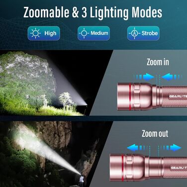 Ліхтар LED Gearlite перезарядна, 1000 люмен, 3 режими, зумування, водонепроникний IP65, для кемпінгу та активного відпочинку (Рожевий)