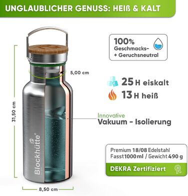 Blockhut Premium Stainless Steel Insulated Water Bottle | 1L | with Natural Bristle Brush | Insulated, Leak-Proof Bottle | Insulated Flask Dishwasher-Safe for University, Office | BPA Free