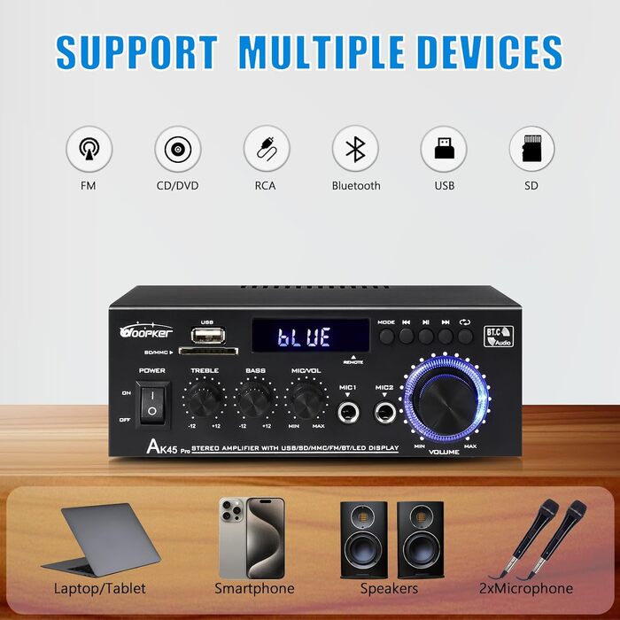 HiFi підсилювач WOOPKER AK45 Pro, 500 Вт, Bluetooth, 2-канальний, стерео, міні аудіо ресивер з FM-радіо, USB/SD/AUX/RCA/MIC входами, 12В/220В для колонок