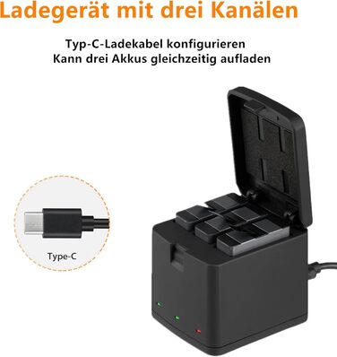 Зарядний комплект Vemico Hero 8: 3 акумулятори 1500 mAh, 3-канальна зарядна станція з Type-C USB, захисний ковпачок, сумісний з Hero 8/7/6/5/AHDBT-801