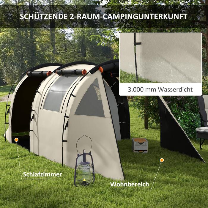 Намет Outsunny Tunnelzelt Campingzelt 5 осіб Сімейний намет 2 кімнати Бічні вікна Сумка для перенесення 3000 мм Садовий Хакі | Aosom