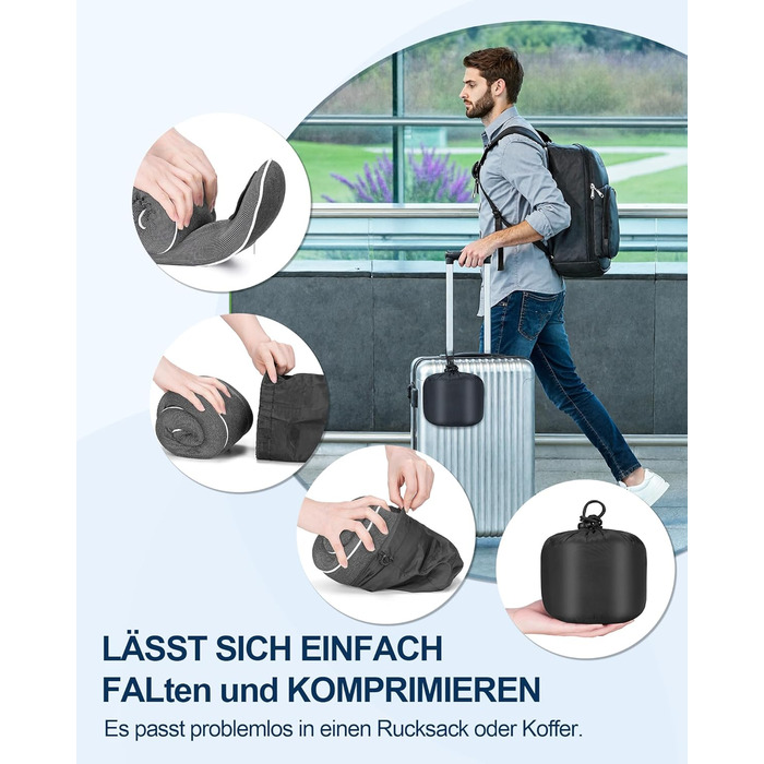 Подушка для шиї в літак, доросла, з піною з пам'яті, регульована та компактна, для автомобіля з навушниками, маскою для сну, чохлом