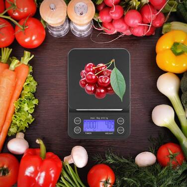 Електронні кухонні ваги Fdit з таймером для кави та продуктів, LCD-дисплей, точність 0.01 г, до 3 кг (Блакитно-фіолетові)