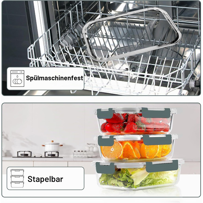 Набір скляних контейнерів для зберігання продуктів Verones, 10 шт., герметичні, сірі - для холодильника та морозилки