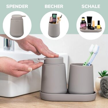 Набір аксесуарів для ванної кімнати Eluno Tesero, 3 шт. (дозатор мила, стакан, миска), тауп