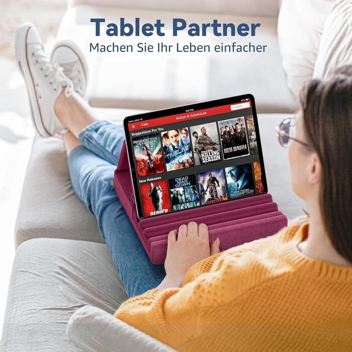 Підставка-подушка для планшета KDD, складна тримач для iPad Pro 12.9, 10.5, 9.7, Air, Mini, електронних книг з кишенею та тримачем для стилуса (Фіолетовий)