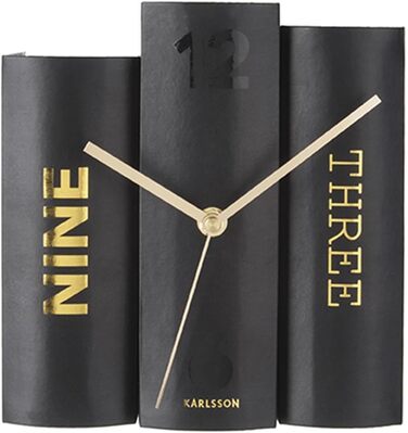 Karlsson KA5628 Table Clock, Trompe-l'oeil Books, Book, Stiff Cardboard and Metal, H20 x 20 x 15 cm (Standard Size, Black)
