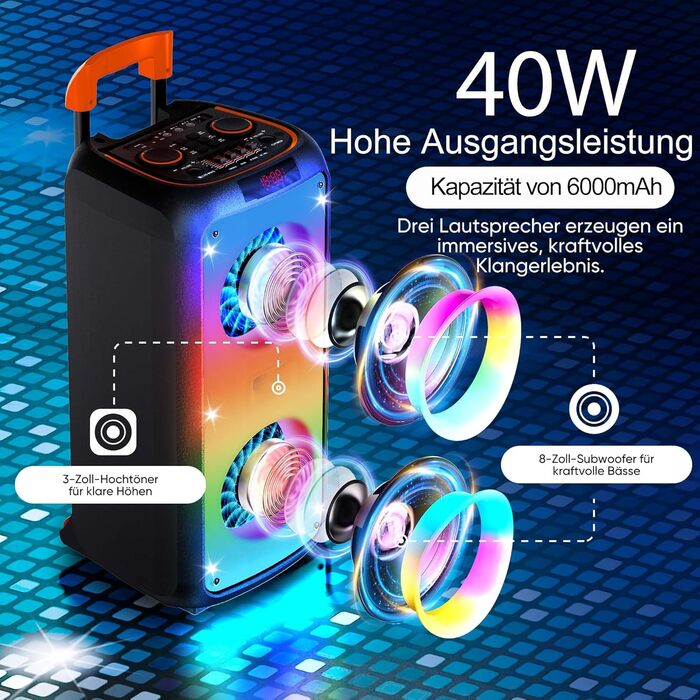 Караоке система Hukkmela з 2 мікрофонами, Bluetooth 5.3, USB, TF, Aux, LED підсвічування - чорний