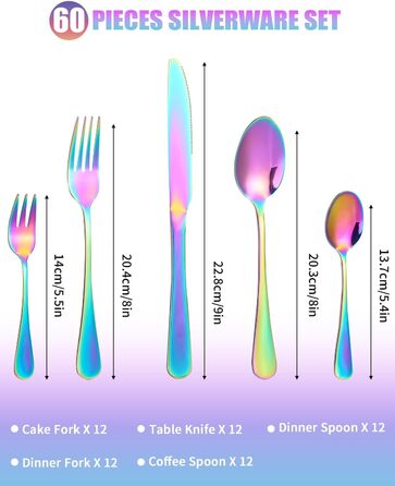 Набір столових приборів на 12 осіб, 60 предметів, чорний, з нержавіючої сталі, з високим блиском, придатний для миття в посудомийній машині, елегантний, з ножем, виделкою, ложкою, для дому, вечірки, ресторану