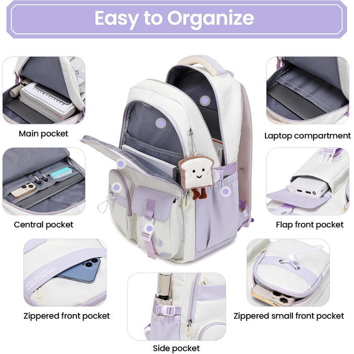 Дитячий рюкзак для дівчинки - водонепроникний, легкий, стильний, з великою місткістю, для 3-9 класу, фіолетовий, нейлон