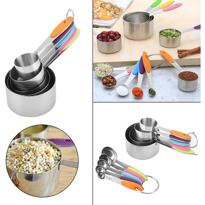10-Piece Stainless Steel Measuring Cups with Thickened Silicone Handle, Multi-functional for Kitchen Cooking Baking