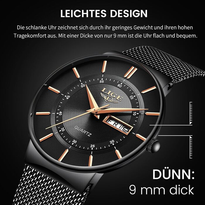 Годинник чоловічий LIGE з датою, водонепроникний, з нержавіючої сталі, аналоговий, вінтажний, кварцовий, чорний, для бізнесу, класичний, простий, з нержавіючої сталі, чоловічий годинник