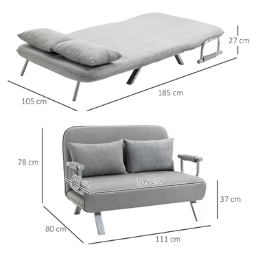 HOMCOM 2-Seater Sleeper Sofa with Bed Function & Cushion, Adjustable Sofa, up to 150kg, Light Grey | Aosom
