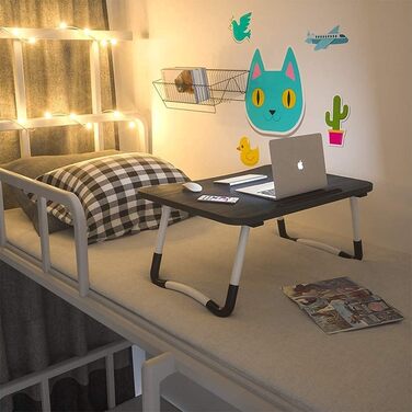 Настільний столик для ліжка з ящиком для зберігання, тримачем для чашки та планшета, складний столик-підставка для ноутбука, чорний (23,6 дюйми)