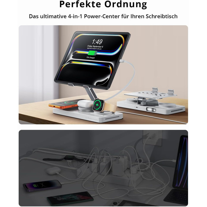 Зарядна станція Geekera 4-в-1 для Apple: кабель для iPad, магнітна бездротова зарядка iPhone Air/12-17, Apple Watch, AirPods (Металевий білий)