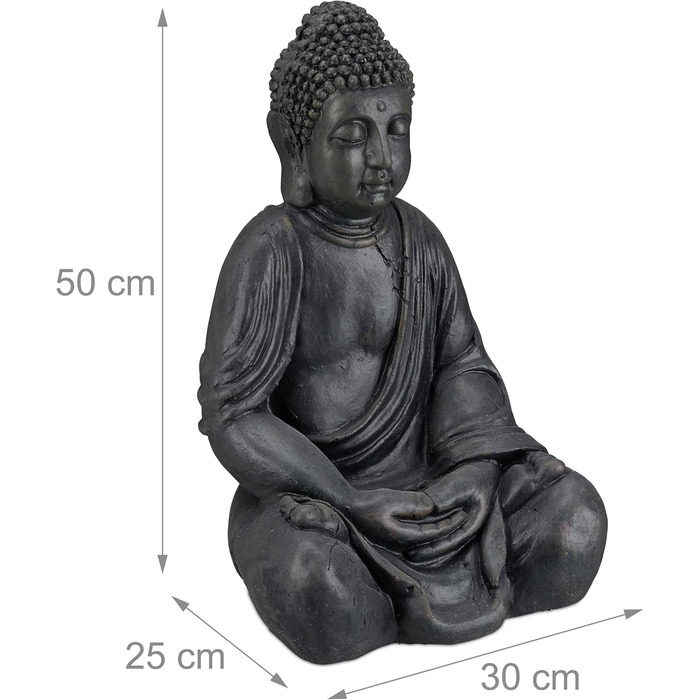 Relaxdays XL Buddha Figure Sitting, 50 cm tall, Feng Shui, Outdoor, Garden Decoration Figure, Large Zen Buddha Statue (Dark Grey)