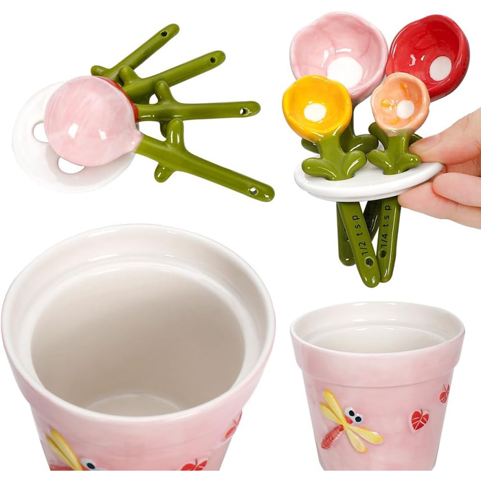 Ceramic Measuring Spoon Set in a Jar – Floral Pink Jar, Adorable Measuring Cups, Spoons for Dry and Wet Ingredients, 1 Tablespoon, 1 Teaspoon, 1/2 Teaspoon, 1/4 Teaspoon, 1 Cup