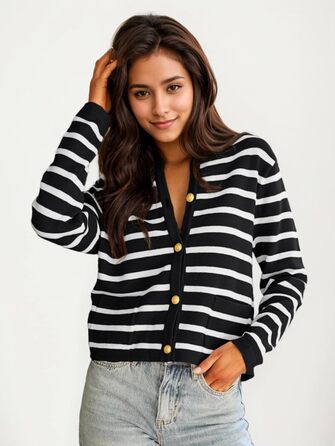 Жіноча коротка в'язана куртка з двома кишенями на ґудзиках, смугастий пуловер, стильна осіння кардиган, круглий виріз, модна в'язана кофта XL чорного кольору