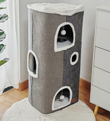 Spindro Cat Cave Cat Bed Large, Cat House Indoor Cat Sleeping Place with Removable Sherpa Cat Cushion and Hanging Toy, Cat Bed, Light Grey 42x42x33cm (4 level (42cmx32cmx84cm), Grey)