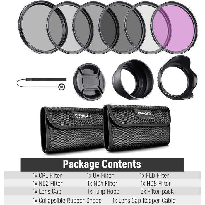 Набір фільтрів NEEWER 77mm: UV, CPL, FLD, ND2, ND4, ND8, бленда та кришка об'єктива. Сумісний з Canon, Nikon, Sony, Panasonic DSLR камерами