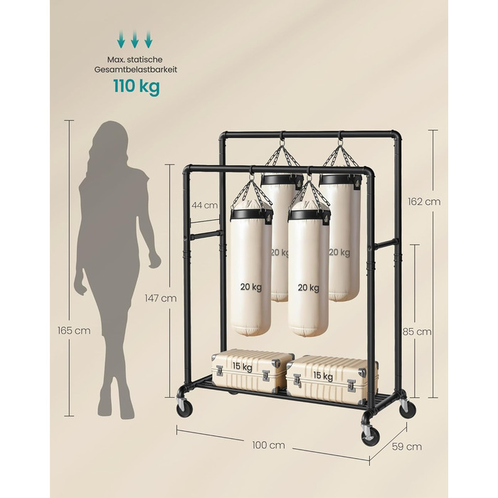 SONGMICS Clothes Rack, Clothes Rail, Coat Rack with 2 Clothes Rails and Shelf, Wheels, Load Capacity up to 110 kg, Industrial Design, for Bedroom, Dressing Room, white HSR060W01 (Black)