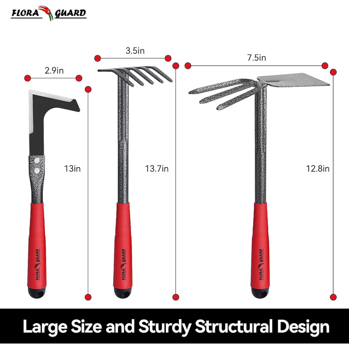 FLORA GUARD Garden Tools, 6-Piece Garden Tool Set Including Weeder, Garden Shovel, Hand Rake, Hand Hoe, Brush Rake, Cultivator, Garden Hand Tools with Heads Made of Carbon Steel