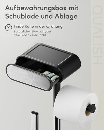 QUALISH Stainless Steel Toilet Paper Holder with Brush - Standing Toilet Paper Roll Holder with Silicone Brush - White & Black Finish