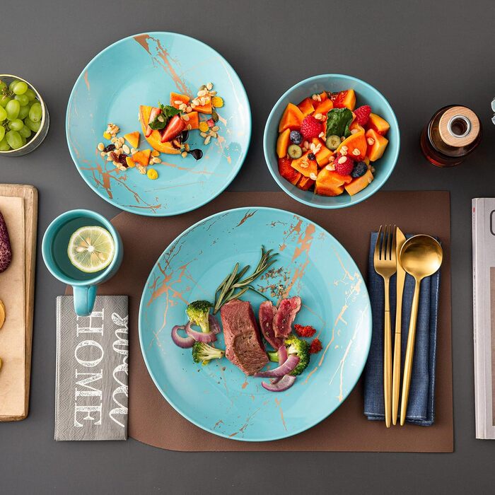 LOVECASA Набір посуду з порцеляни Sweet 16, 48-елементний сервіз, посуд для їжі з золотим декором, для 4-12 осіб, блакитний колір