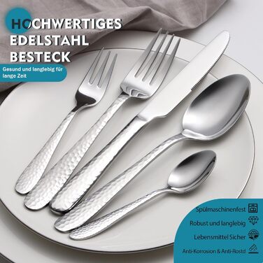 Набір столових приборів EIUBUIE з нержавіючої сталі 20 предметів, молоткова обробка, для 6 осіб, полірований, для дому та вечірок, можна мити в посудомийній машині