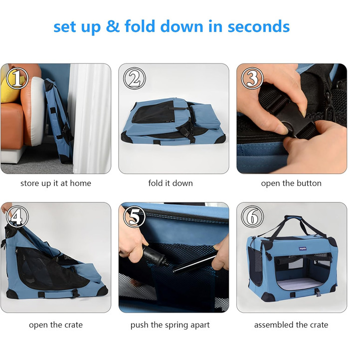 Транспортний бокс для тварин Petprsco з м'якими стінками, 3-дверний, для котів та маленьких собак, блакитний, 60x42x42 см