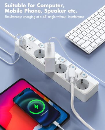Многорозеткова смуга з 5 розеток та 4 USB-портами швидкої зарядки, KEPLUG, захист від перенапруги, індивідуальне вмикання/вимикання, плоский штекер, настінний монтаж, для офісу, кухні, столу, білий