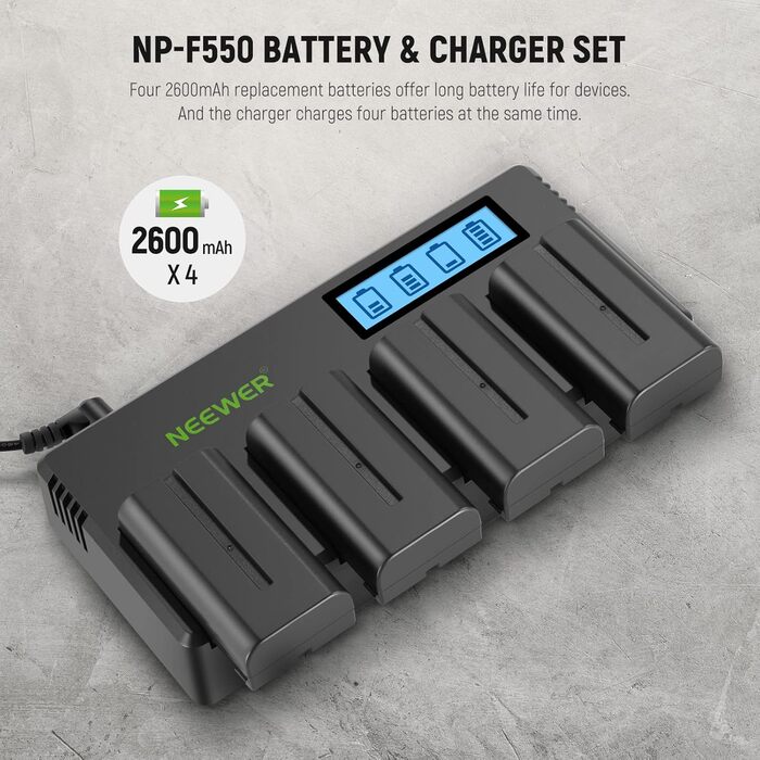 Зарядний пристрій NEEWER для акумуляторів Sony NP-F з LCD дисплеєм (4 канали, 2600mAh NP-F550 в комплекті)