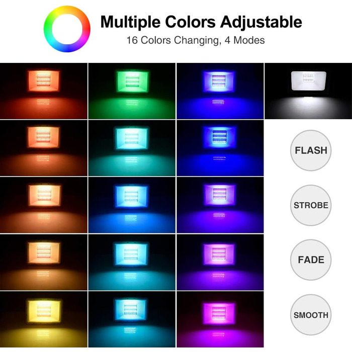 RGB LED прожектор 50 Вт для вулиці, 16 млн кольорів, 20 режимів, розумний водонепроникний світильник IP68 для саду та декору