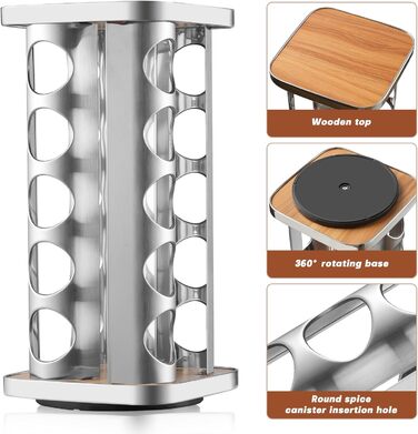 FRIBERG Spice Rack with 20 Spice Jars, Round, 100ml, 360° Swivel Stainless Steel Spice Carousel, Standing Spice Rack with Funnel, Label, Pen, and Cleaning Brush