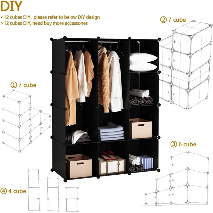 BRIAN & DANY 12-Cube Wardrobe, Modular Closet/Wardrobe Storage Shelf System, Plastic Closet with Doors & 2 Hangers, Additional Stickers Included (16 Cube, Black and White)