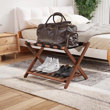 Fully assembled white luggage rack, improved bamboo, foldable suitcase stand with 5 nylon straps, luggage rack with shelf for guest rooms, hotel (white luggage rack, 1 piece) (1 x Walnut)