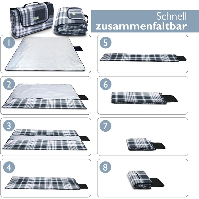 Beautissu Плед для пікніка XXL, 200x200 см, водовідштовхувальний, ізольований, сірий, для пляжу, кемпінгу, подорожей