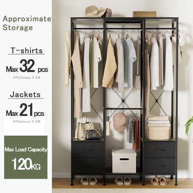 Відкрита шафа для одягу, вішалка для одягу, гардеробна стійка з 4 шухлядами, стабільна вішалка для спальні, вітальні, передпокою (Чорний)