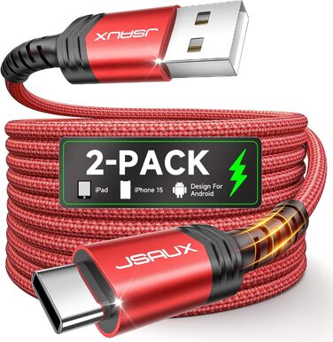 Кабель USB-C JSAUX 3.1A (2 шт. по 2м), 2 шт., червоний, для Samsung Galaxy, iPhone, PS5, CarPlay, нейлон, швидка зарядка