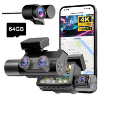 Відеореєстратор для авто 3-Kanal 4K UHD + Full HD (передня 170°, задня 140°, внутрішня 140°) з GPS, WiFi 6, нічним баченням HDR/WDR, 24/7 паркування, 64GB карта пам'яті