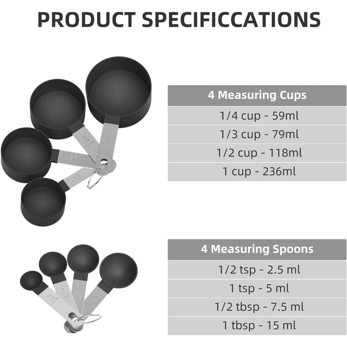 Набір мірних ложок та мірний стакан з нержавіючої сталі, 8 шт. - для рідин та твердих інгредієнтів, випічки, кулінарії